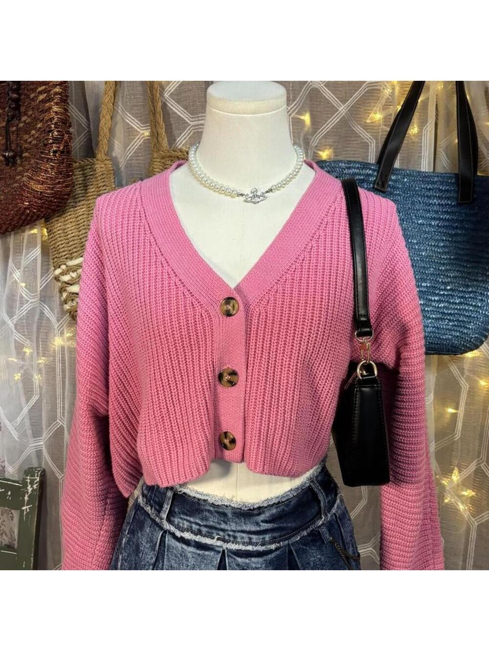 Forever 21 Pink Chunky Knit Cropped Cardigan Coquette Barbiecore Soft Girl S